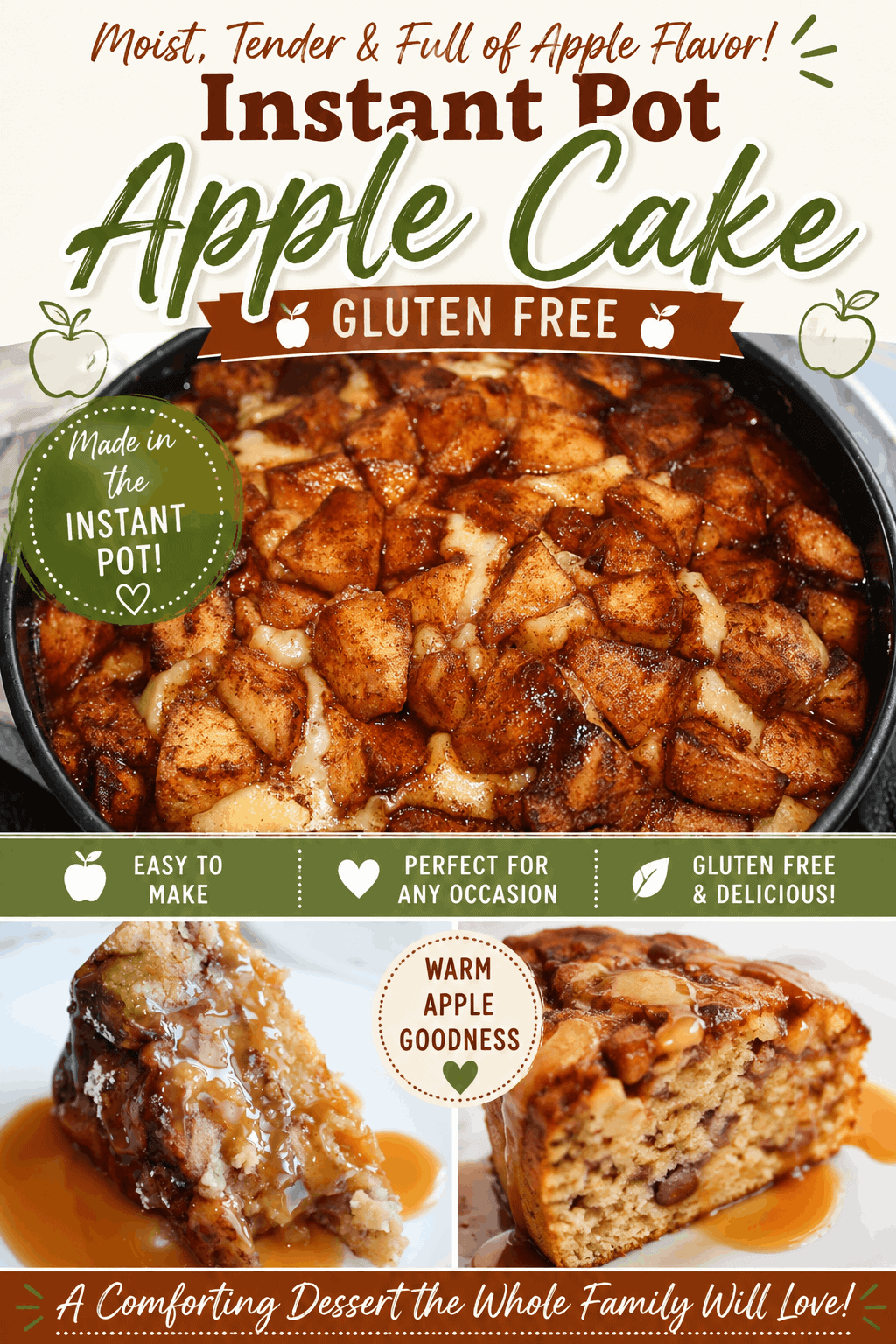 Looking for an easy gluten-free apple dessert? This Instant Pot Apple Cake is moist, tender, and packed with delicious cinnamon-spiced apples. 🍎 Made in the Instant Pot, this easy apple cake is a wonderful dessert for fall, holidays, or any time you're craving homemade apple goodness. Save this gluten-free Instant Pot dessert recipe to make for your family and friends!