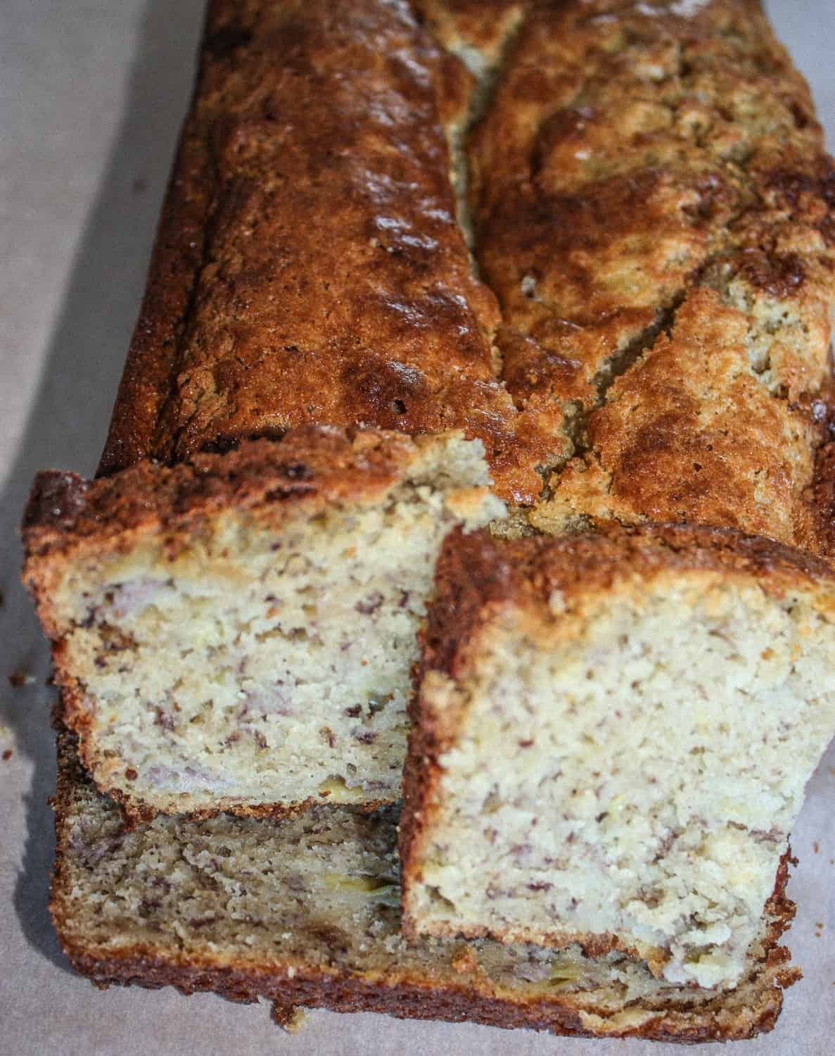 This moist banana bread is a staple in our home.  It is one of the first recipes I converted when I learned I could no longer eat gluten.