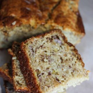 This moist banana bread is a staple in our home.  It is one of the first recipes I converted when I learned I could no longer eat gluten.