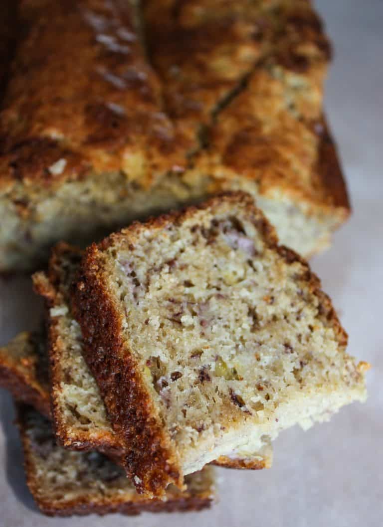 This moist banana bread is a staple in our home.  It is one of the first recipes I converted when I learned I could no longer eat gluten.
