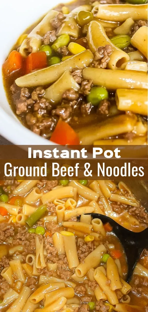 Instant Pot Ground Beef and Noodles is a gluten free dinner recipe perfect for fall. This hearty ground beef dish is loaded with gluten free pasta and vegetables.