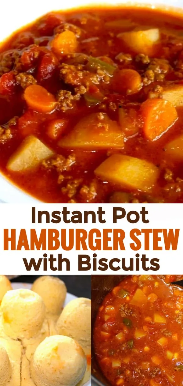 Instant Pot Hamburger Stew with Biscuits is a hearty gluten free dinner recipe perfect for fall. This ground beef stew is loaded with vegetables.