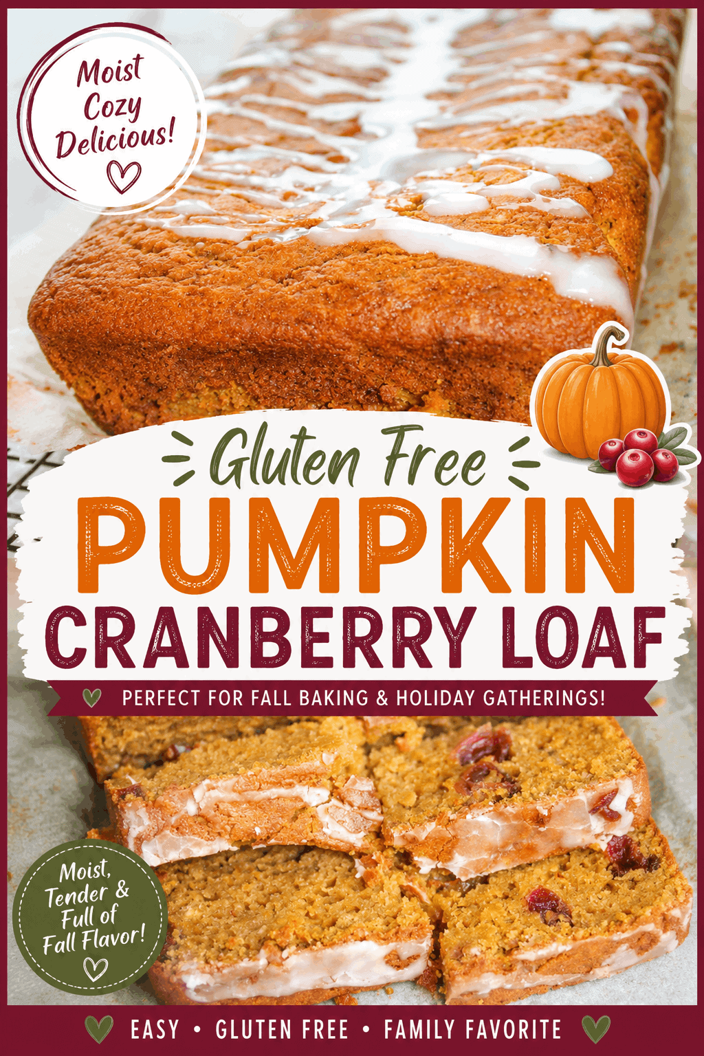 This Gluten Free Pumpkin Cranberry Loaf is a delicious fall baking recipe packed with warm pumpkin flavour and tart cranberries. 🍂🎃 The moist, tender loaf is topped with a sweet glaze, making it perfect for breakfast, an afternoon snack, or a holiday gathering. If you’re looking for an easy gluten free pumpkin bread recipe with a festive twist, this pumpkin cranberry loaf is one to save! ❤️