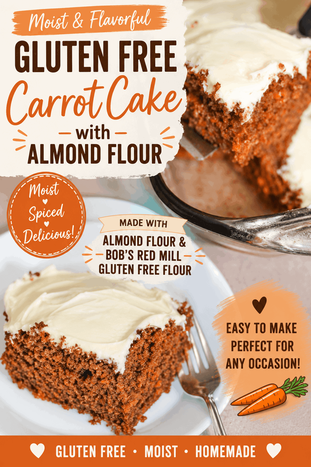 Looking for a delicious gluten free carrot cake with almond flour? This moist and flavorful almond flour carrot cake is made with Bob’s Red Mill gluten-free flour, freshly grated carrots, and warm spices, then topped with a delicious cream cheese frosting. It’s an easy gluten free cake recipe that’s perfect for Easter, birthdays, holidays, or whenever you’re craving homemade carrot cake. Save this recipe for a simple and delicious gluten-free dessert everyone will love!