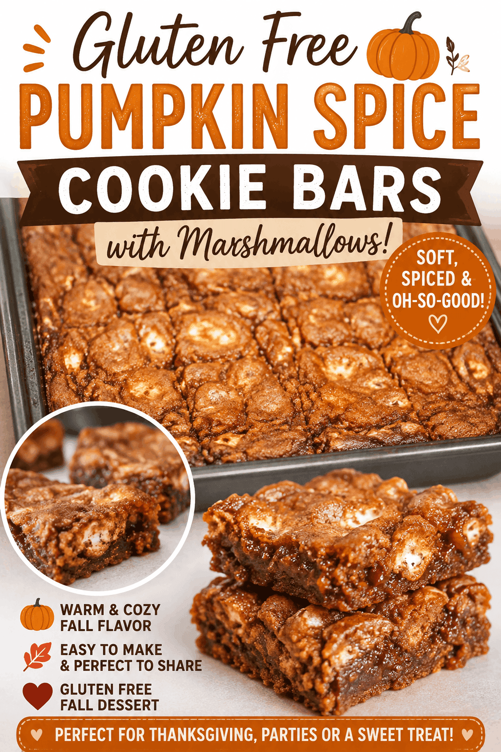 These Gluten Free Pumpkin Spice Cookie Bars are the perfect fall treat! 🍂🎃 Soft, delicious, and packed with warm pumpkin spice flavor and sweet marshmallows, these easy cookie bars make a wonderful gluten free pumpkin dessert for Thanksgiving, fall gatherings, or whenever you’re craving something cozy. Save this easy pumpkin spice cookie bar recipe for your next fall baking day!