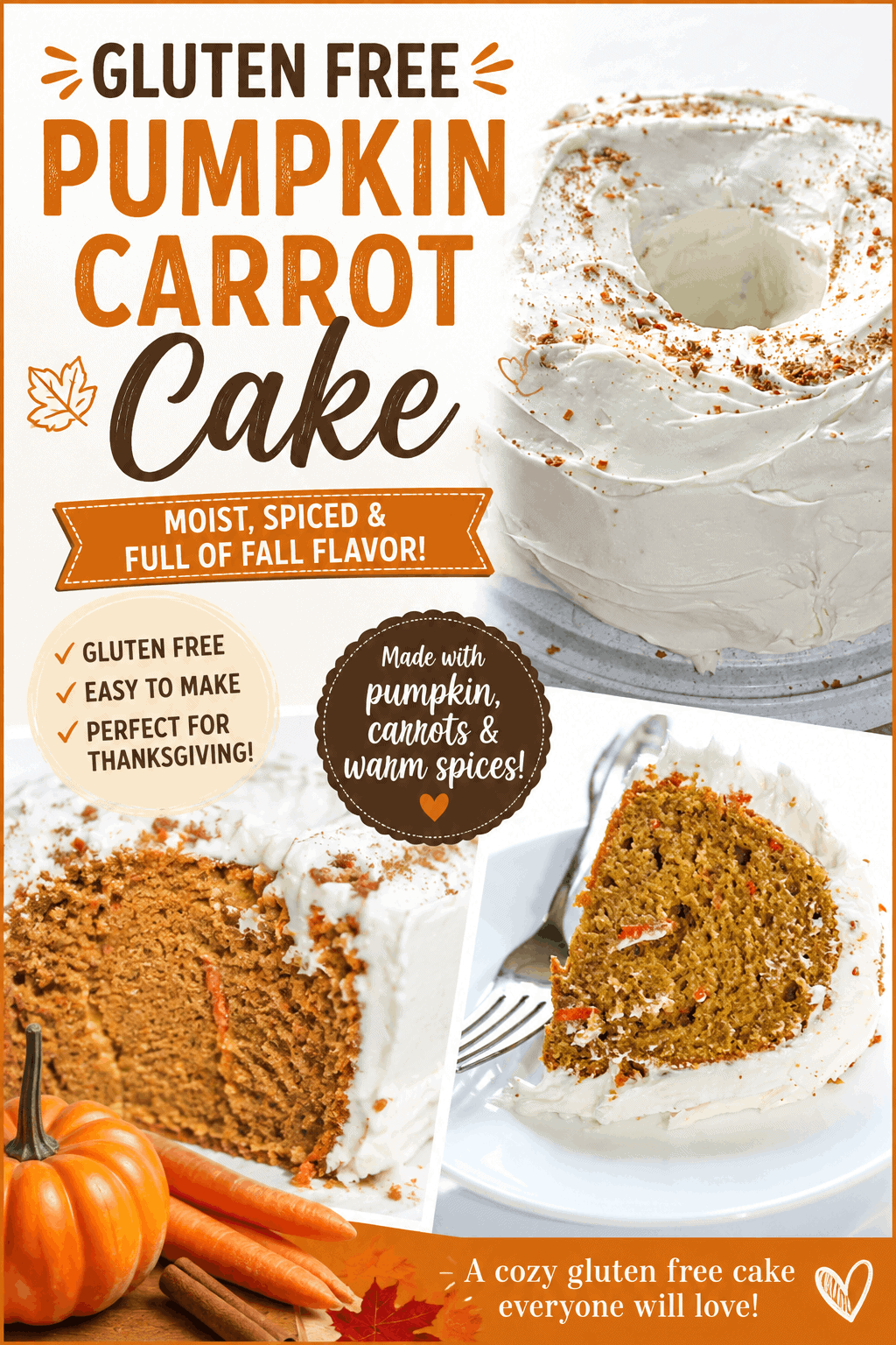 Looking for a delicious Gluten Free Pumpkin Carrot Cake? 🎃🥕 This moist and flavorful cake combines pumpkin, carrots, and warm fall spices with a generous layer of frosting for the perfect seasonal dessert. It’s an easy gluten free cake recipe that’s perfect for Thanksgiving, fall gatherings, or enjoying with a cup of coffee or tea. Save this pumpkin carrot cake recipe to try when you’re craving a cozy homemade dessert! 🍂