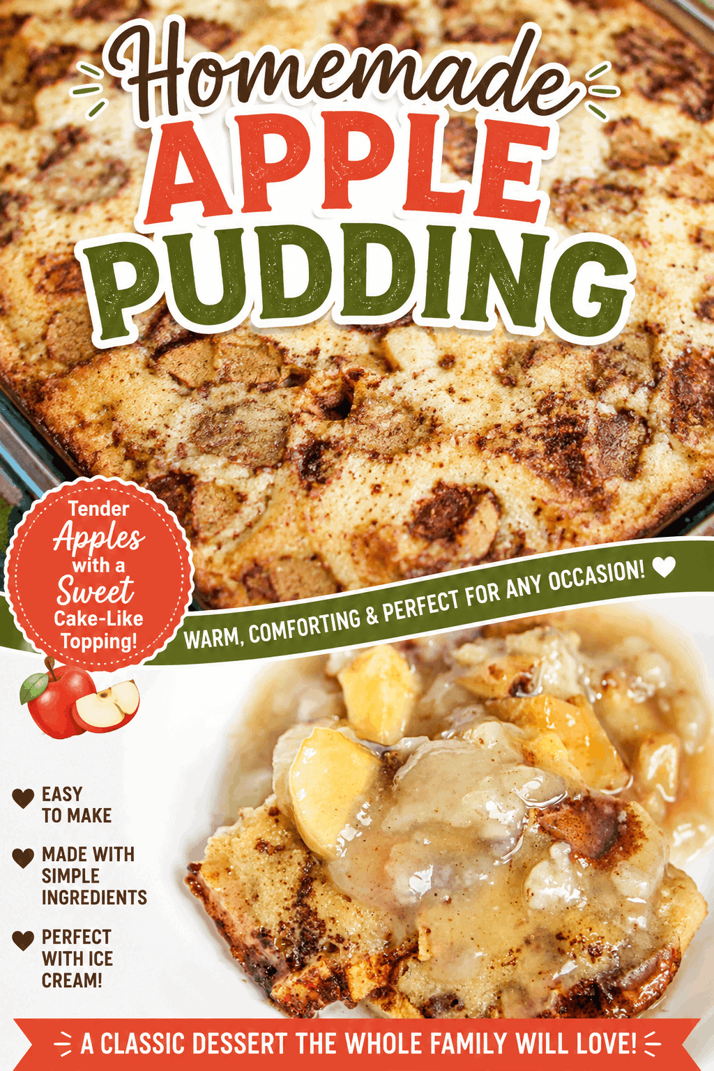 This easy Apple Pudding is a warm and comforting homemade dessert made with tender apples and a delicious cake-like topping. 🍎 Perfect for fall baking, family dinners, holidays, or whenever you’re craving an easy apple dessert. Serve it warm with ice cream for an irresistible treat! Save this easy apple dessert recipe for your next baking day.