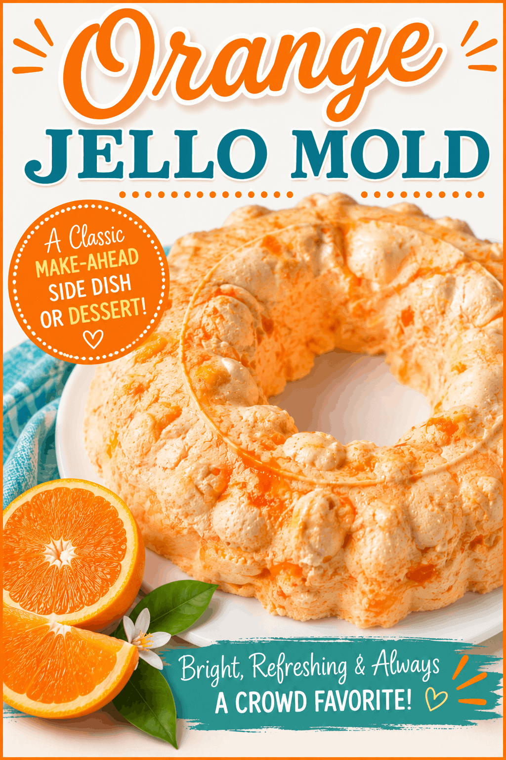 This Orange Jello Mold is a classic, easy make-ahead dessert with bright orange flavor and a light, fluffy texture. 🍊 It’s a fun orange gelatin salad that’s perfect for holidays, family gatherings, potlucks, and special occasions. This vintage-inspired recipe is simple to prepare, can be made ahead of time, and makes a beautiful addition to any dessert table. Save this easy Orange Jello Mold recipe for your next celebration!