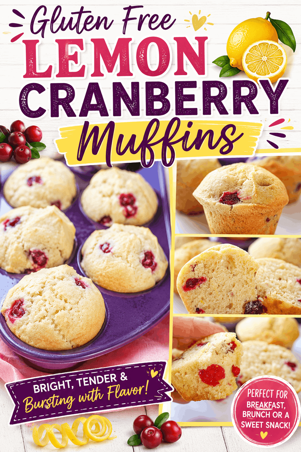 Brighten your breakfast with these delicious Gluten Free Lemon Cranberry Muffins! 🍋❤️ These tender homemade muffins combine fresh lemon flavour with tart cranberries for a deliciously balanced bite. They’re easy to make and perfect for breakfast, brunch, snacks, or a gluten free treat. Save this easy gluten free muffin recipe for your next baking day and enjoy the fresh citrus and cranberry combination all year long!