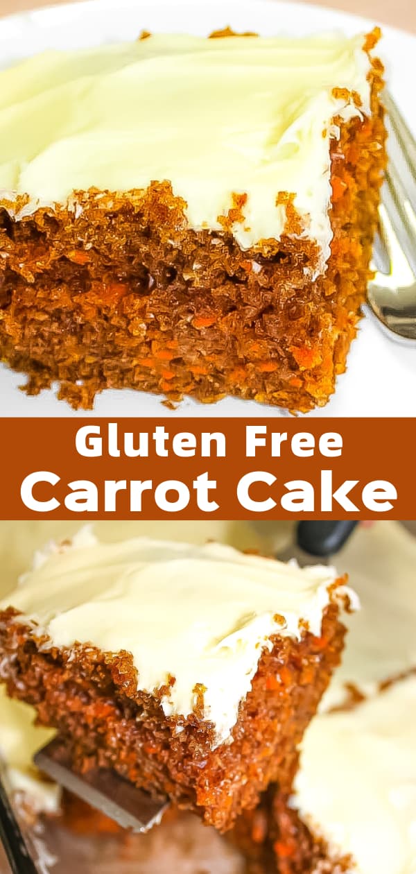 Gluten Free Carrot Cake made with almond flour and topped with cream cheese frosting.