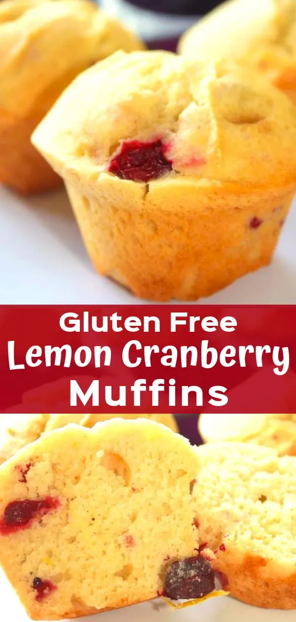Gluten Free Lemon Cranberry Muffins are a delicious snack or breakfast treat. These easy homemade muffins are made with Bob's Red Mill gluten free flour, lemon zest, lemon juice and loaded with chopped cranberries.