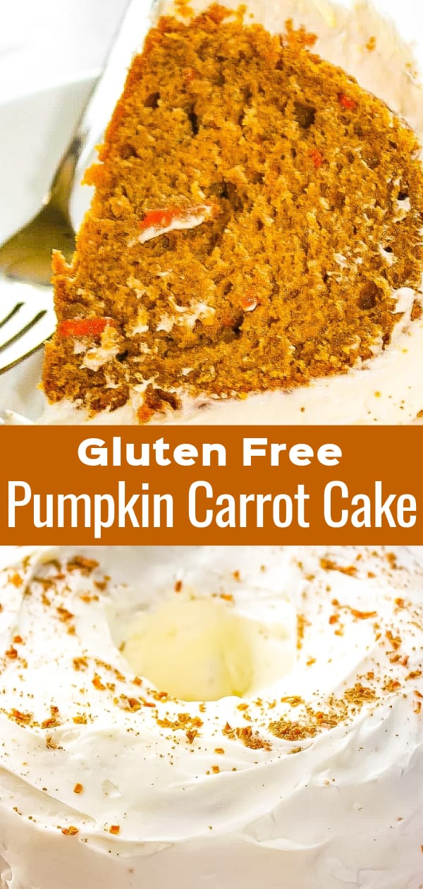 Gluten Free Pumpkin Carrot Cake is an easy fall dessert recipe. This delicious pumpkin bundt cake is topped with fluffy white frosting and carrot cake spice.