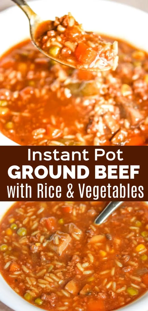 Instant Pot Ground Beef with Rice and Vegetables is an easy gluten free dinner recipe. This pressure cooker ground beef recipe is loaded with long grain rice and frozen mixed vegetables.
