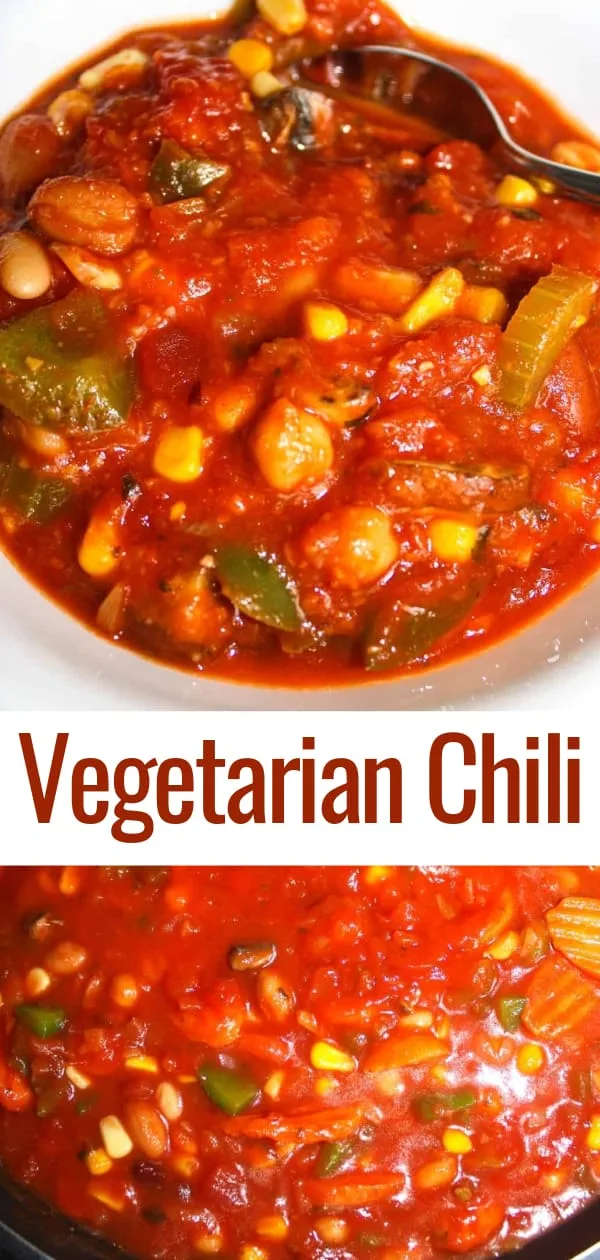 Vegetarian Chili is an easy gluten free dinner recipe perfect for fall. This easy chili recipe is loaded with carrots, green peppers, mushrooms, salsa and a variety of beans.