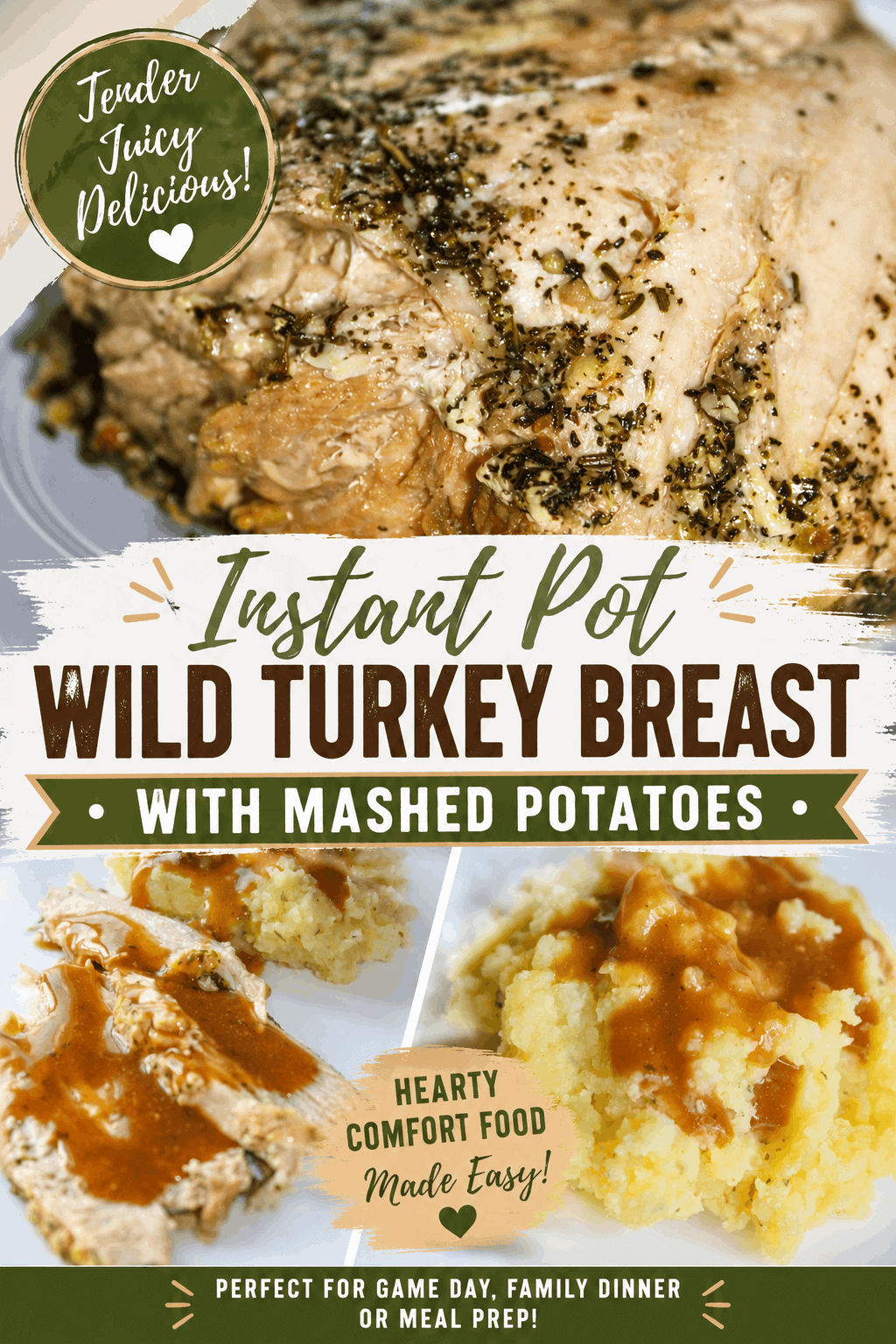 Looking for an easy and comforting way to prepare wild turkey? This Instant Pot Wild Turkey Breast with Mashed Potatoes is a hearty dinner featuring tender, flavorful wild turkey, homemade mashed potatoes, and savory gravy. The Instant Pot makes this wild turkey breast recipe simple and convenient, making it perfect for a family dinner, Sunday supper, or a delicious meal after hunting season. Save this easy pressure cooker turkey breast recipe for a comforting meal everyone will enjoy! 🦃🥔