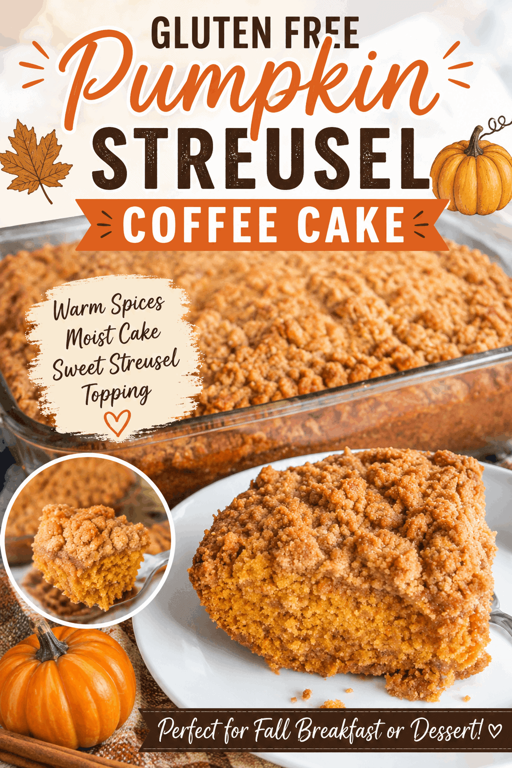 This Gluten Free Pumpkin Streusel Coffee Cake is the perfect cozy fall treat! 🎃🍂 This tender pumpkin coffee cake is filled with warm spices and topped with a generous layer of sweet, crumbly streusel. It’s delicious for breakfast, brunch, an afternoon snack, or fall dessert and makes a wonderful addition to Thanksgiving gatherings. If you love easy gluten free baking and pumpkin desserts, save this recipe to try during pumpkin season!