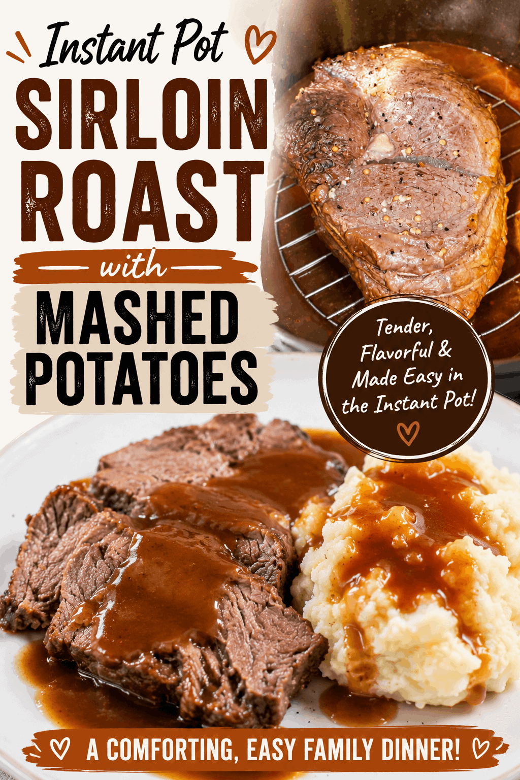 Looking for an easy and comforting dinner the whole family will love? This Instant Pot Sirloin Roast with Mashed Potatoes is a delicious pressure cooker meal featuring tender, flavorful beef, homemade mashed potatoes, and savory gravy. It’s a simple way to enjoy a classic Sunday roast dinner without spending hours in the kitchen. Perfect for busy weeknights, Sunday suppers, or a cozy family meal, this easy Instant Pot beef roast recipe is hearty, satisfying, and packed with homemade flavor. Save this recipe for an easy beef dinner, Instant Pot recipe, roast beef dinner, or mashed potato meal! 🥩🥔✨