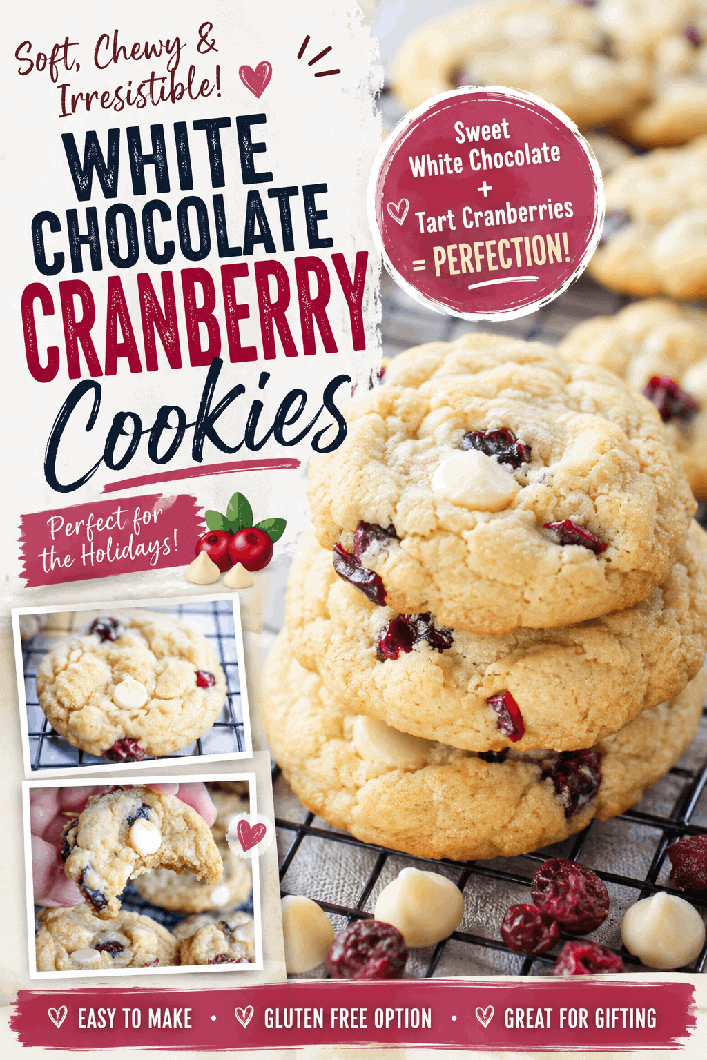 These White Chocolate Cranberry Cookies are soft, chewy, and packed with sweet white chocolate chips and tart dried cranberries. 🍪 They’re an easy cookie recipe that’s perfect for Christmas baking, holiday cookie trays, cookie exchanges, and homemade gifts. If you love the combination of white chocolate and cranberry, these delicious cookies are sure to become a favourite! Save this easy white chocolate cranberry cookie recipe for your next baking day. ❤️