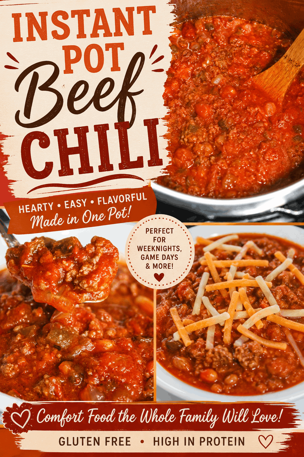 This Instant Pot Beef Chili is an easy, hearty, and flavorful dinner that's perfect for busy weeknights, game days, or cozy family meals. Made with seasoned ground beef, beans, tomatoes, peppers, and delicious chili spices, this easy Instant Pot chili recipe comes together quickly for a satisfying one-pot meal. Naturally gluten free and packed with flavor, it's delicious topped with shredded cheese, sour cream, or your favorite chili toppings. Save this Instant Pot Beef Chili recipe for an easy comfort food dinner the whole family will love!