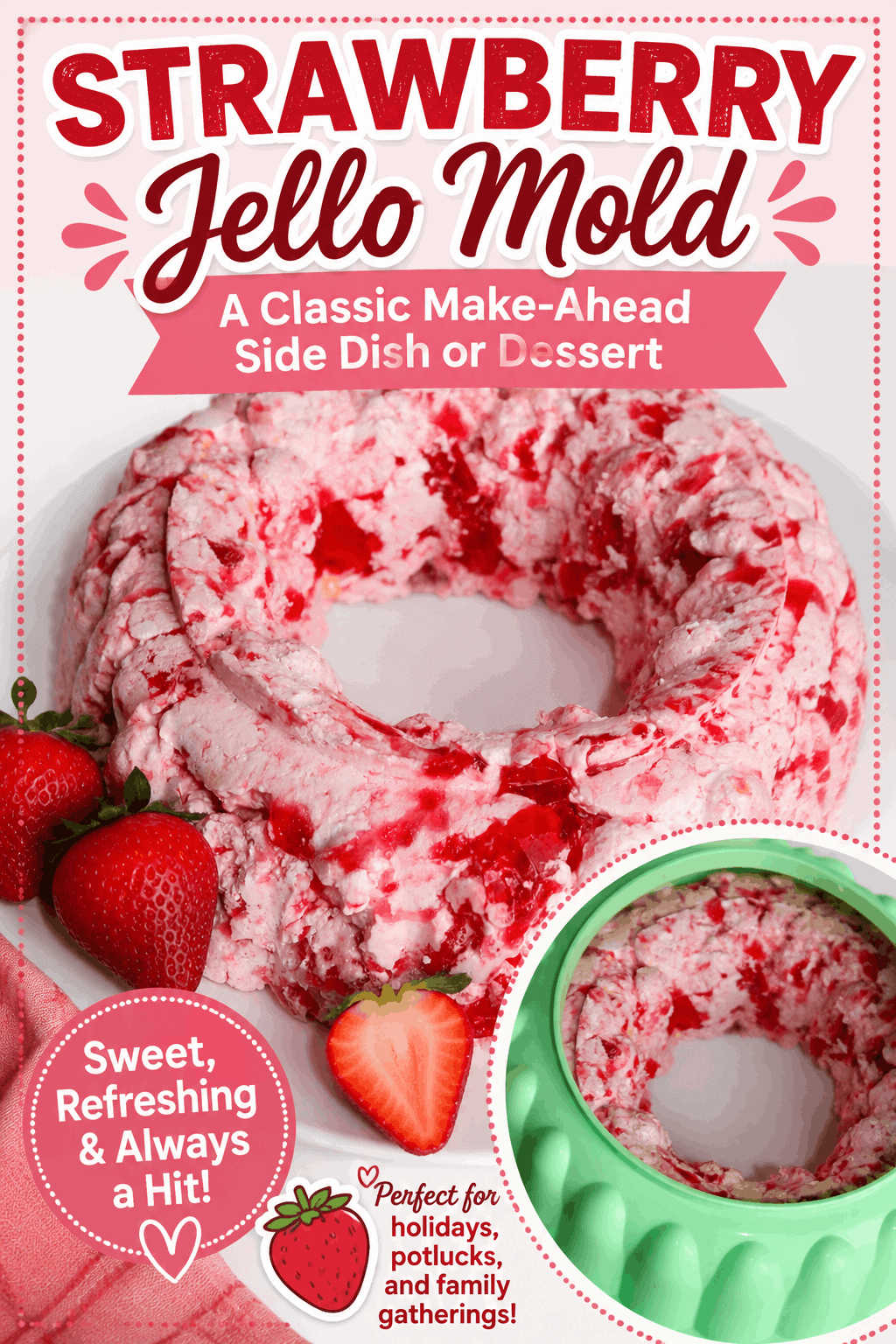 This Strawberry Jello Mold is a classic, old-fashioned recipe that makes a delicious side dish or dessert! 🍓 Made with sweet strawberry Jello and a light, fluffy texture, this pretty pink Jello salad is perfect for holiday dinners, potlucks, family gatherings, and special occasions. It’s an easy make-ahead side dish or dessert that can be prepared in advance and chilled until ready to serve. If you love vintage Jello salad recipes, add this nostalgic Strawberry Jello Mold to your recipe collection!