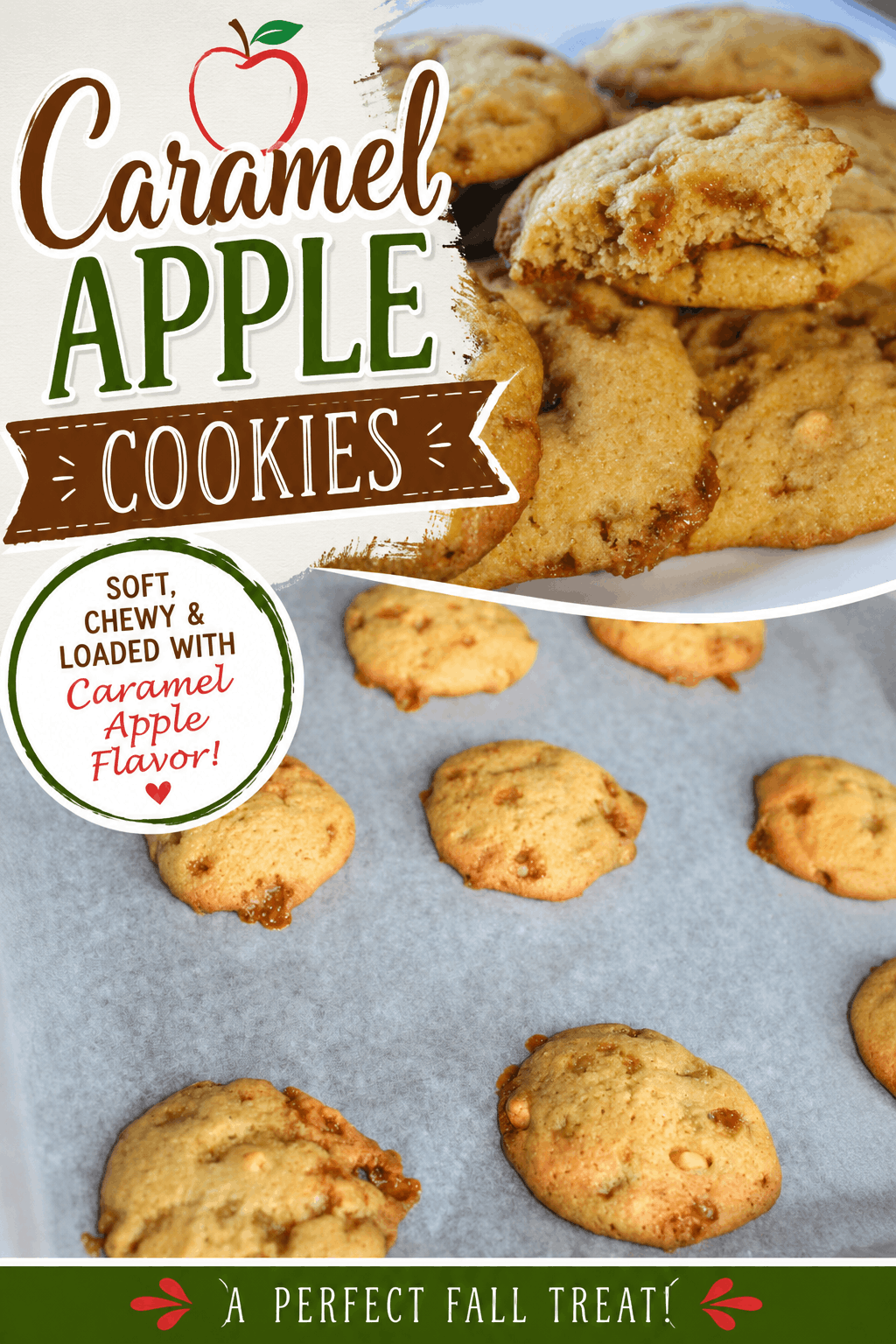 These Caramel Apple Cookies are the perfect easy fall dessert! Soft, chewy homemade cookies are packed with delicious apple flavor and sweet caramel, creating the perfect combination of cozy fall flavors. This easy caramel apple cookie recipe is perfect for Thanksgiving, fall parties, holiday cookie trays, bake sales, or simply enjoying with a cup of coffee. If you love caramel apples, you’ll want to save this recipe for your next fall baking day! 🍎🍪