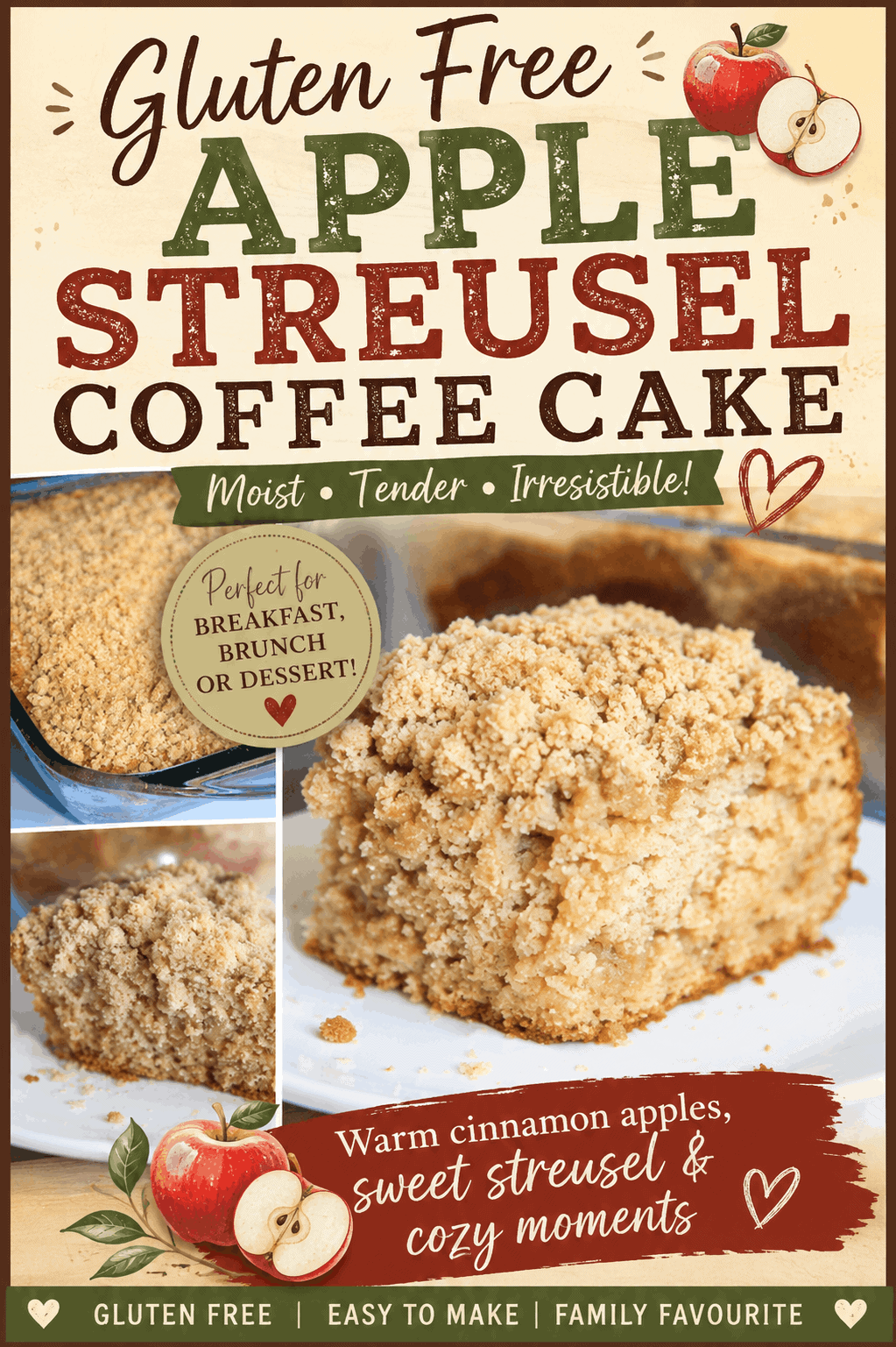 This Gluten Free Apple Streusel Coffee Cake is the perfect cozy treat for breakfast, brunch, or dessert! 🍎 Made with tender apples, warm cinnamon flavour, and a generous layer of sweet, crumbly streusel, this easy gluten free coffee cake is packed with comforting homemade flavour. Serve it with a cup of coffee or tea for a delicious afternoon treat, or add it to your fall and holiday baking list. A simple gluten free apple recipe the whole family will love! 🍂🍎