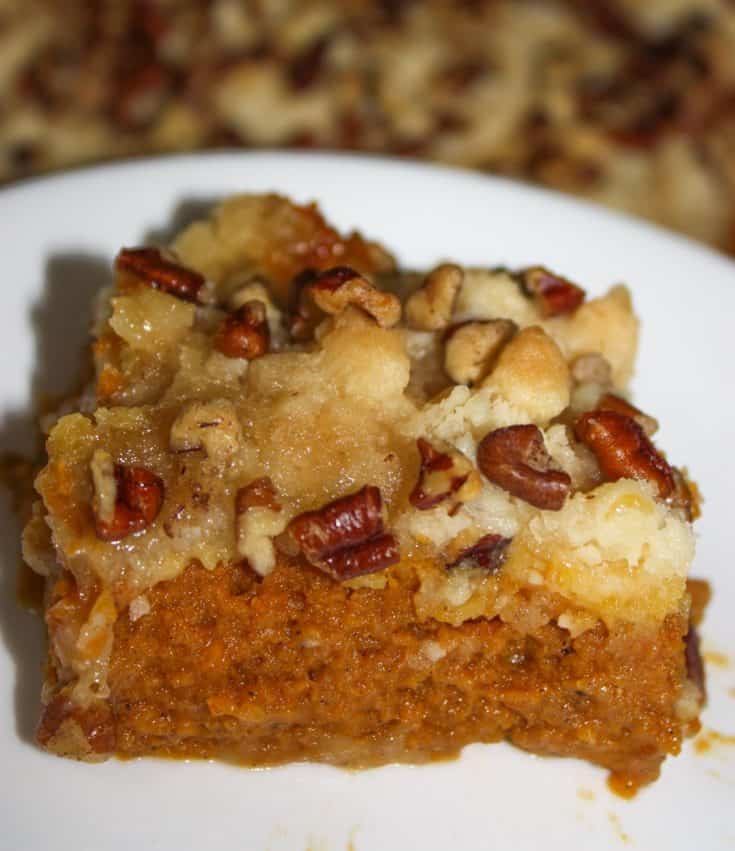 Pumpkin Surprise is a nice light dessert to serve after a dinner with all the trimmings.  This gluten free dessert is very easy to make and will delight your guests with the combination of fall flavours and the surprise topping of cake mix and pecans.