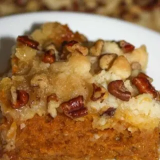 Pumpkin Surprise is a nice light dessert to serve after a dinner with all the trimmings.  This gluten free dessert is very easy to make and will delight your guests with the combination of fall flavours and the surprise topping of cake mix and pecans.