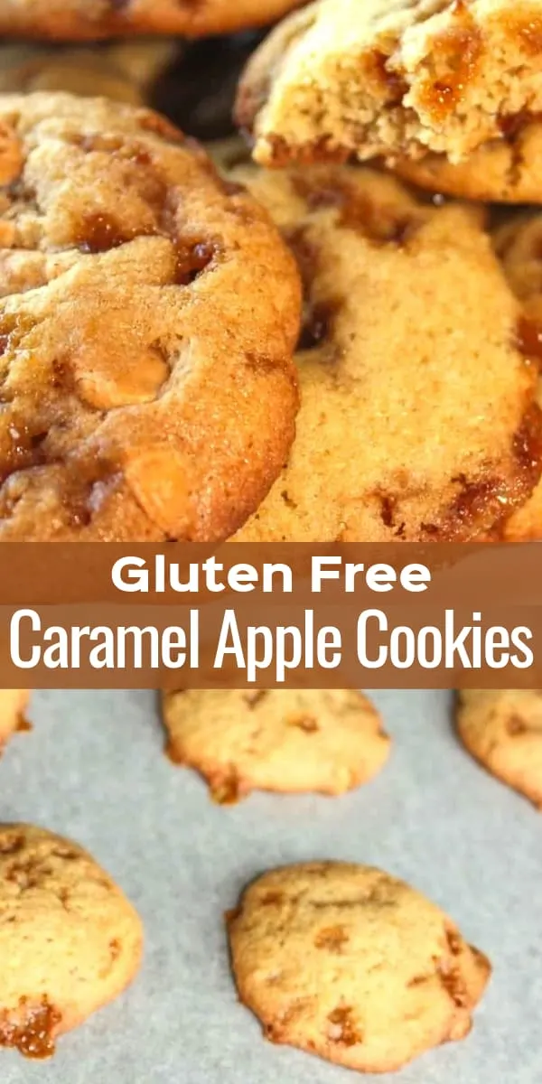 Gluten Free Caramel Apple Cookies are delicious chewy cookies loaded with apple sauce, Skor bits and butterscotch baking chips.