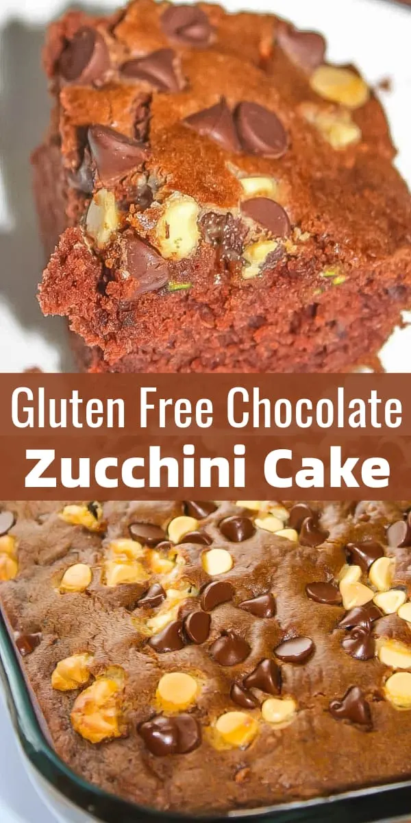 Gluten Free Chocolate Zucchini Cake is an easy dessert recipe using Bob's Red Mill gluten free flour and almond milk. This chocolate zucchini cake is loaded with white and semi sweet chocolate chips.