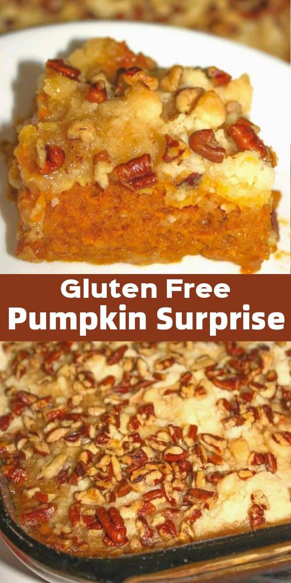 Pumpkin Surprise is a delicious gluten free dessert recipe perfect for fall. This light dessert is made with pumpkin puree and topped with cake mix and pecans.