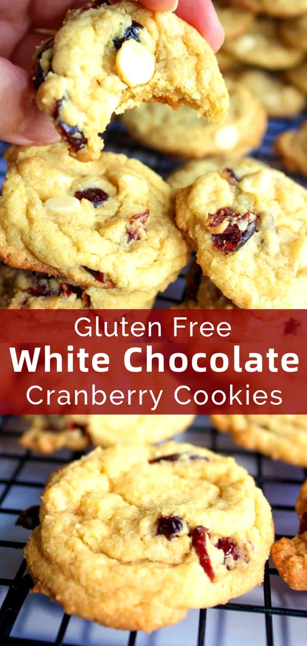 Gluten Free White Chocolate Cranberry Cookies are a tasty gluten free dessert recipe perfect for the holidays. These chewy cookies are made with Bob's Red Mill gluten free flour and loaded with white chocolate chips and dried cranberries.
