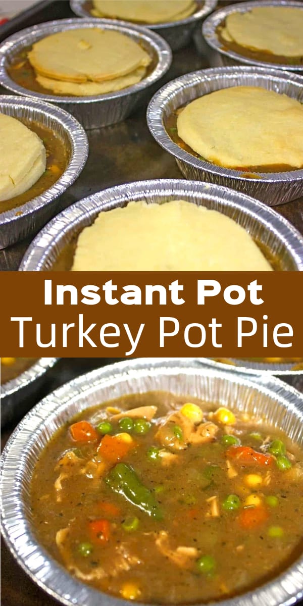 Instant Pot Turkey Pot Pie is a great way to use up Thanksgiving turkey. The filling, loaded with turkey, veggies and gravy, is prepared in the Instant Pot. Gluten free pie crusts are baked in the oven and then placed on top of each turkey pot pie.
