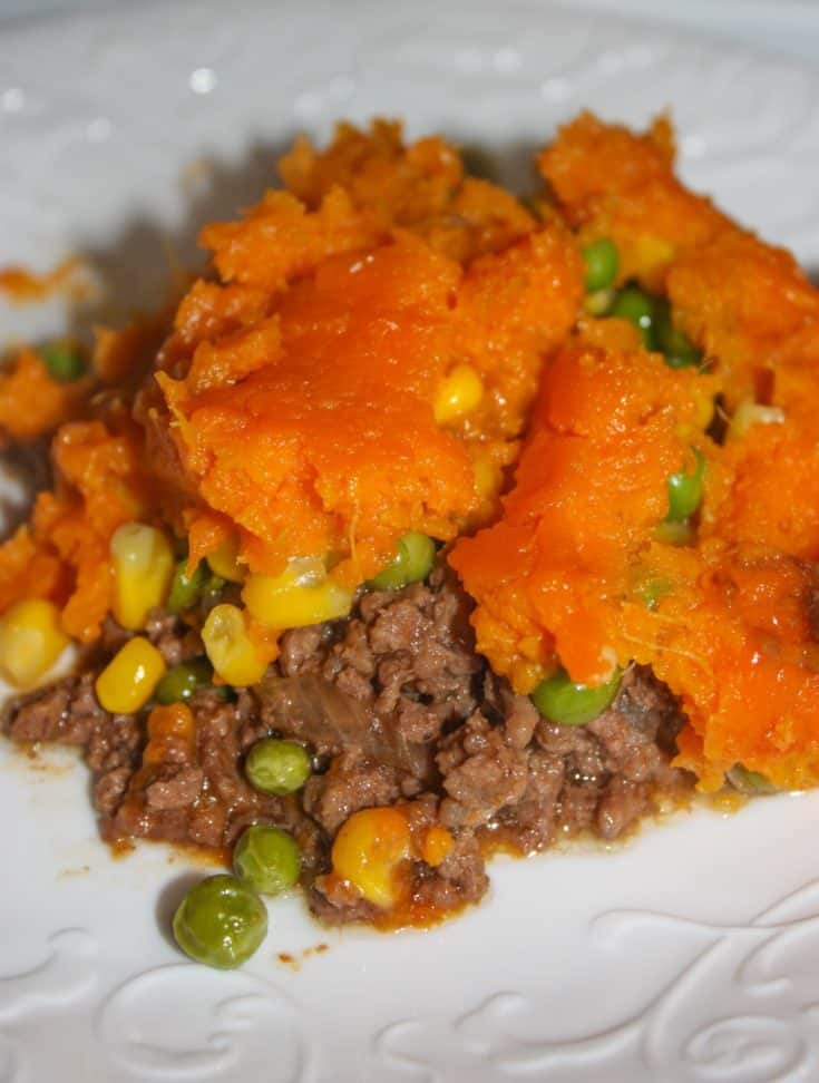 Shepherd's Pie with Sweet Potato is a twist on the classic recipe.  This hearty one dish dinner is full of flavour and is an easy recipe that will satisfy any appetite.