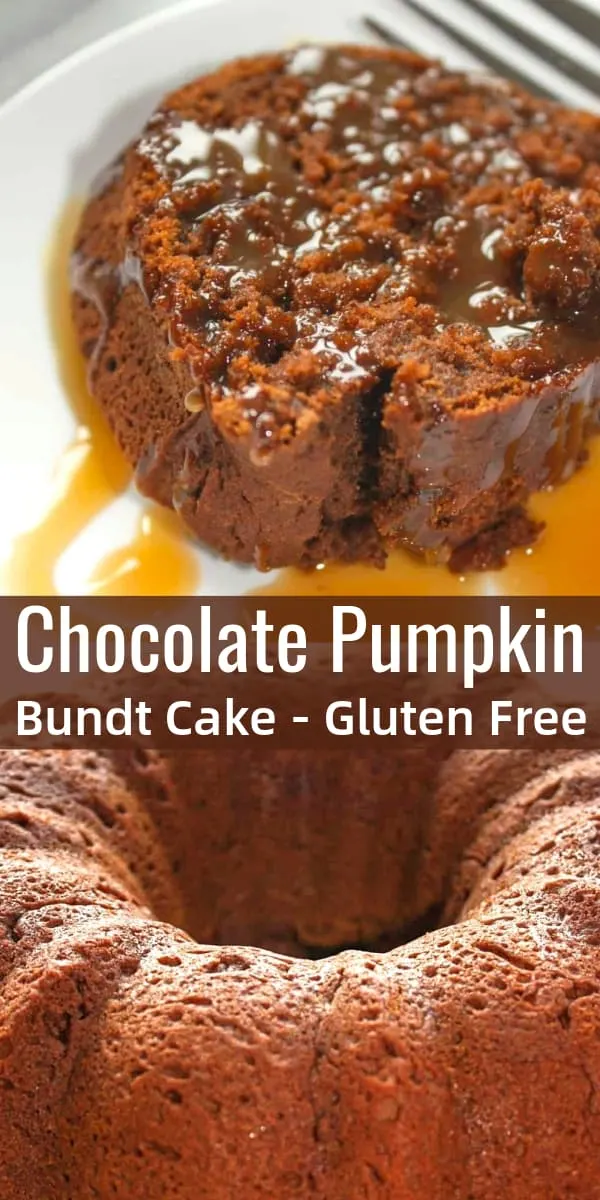Chocolate Pumpkin Bundt Cake is a delicious gluten free dessert recipe perfect for pumpkin lovers. The gluten free chocolate bundt cake is loaded with pumpkin puree and drizzled with caramel sauce.