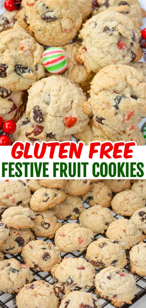 Glluten Free Festive Fruit Cookies are delcious homemade cookies perfect for Christmas. These gluten free cookies are loaded with raisins and chopped mixed fruit.