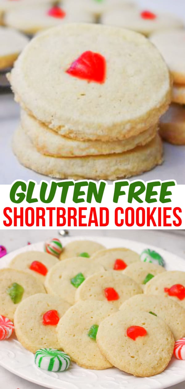 Gluten Free Shortbread Cookies are a festive holiday treat topped with red and green cherries. These gluten free Christmas cookies are made with Bob's Red Mill flour.