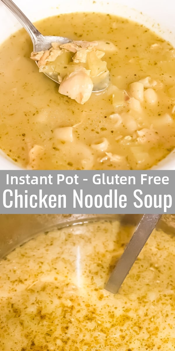 Instant Pot Chicken Noodle Soup is a delicious gluten free pressure cooker recipe perfect for cold weather. This homemade chicken noodle soup is made with chunks of precooked chicken and gluten free pasta.