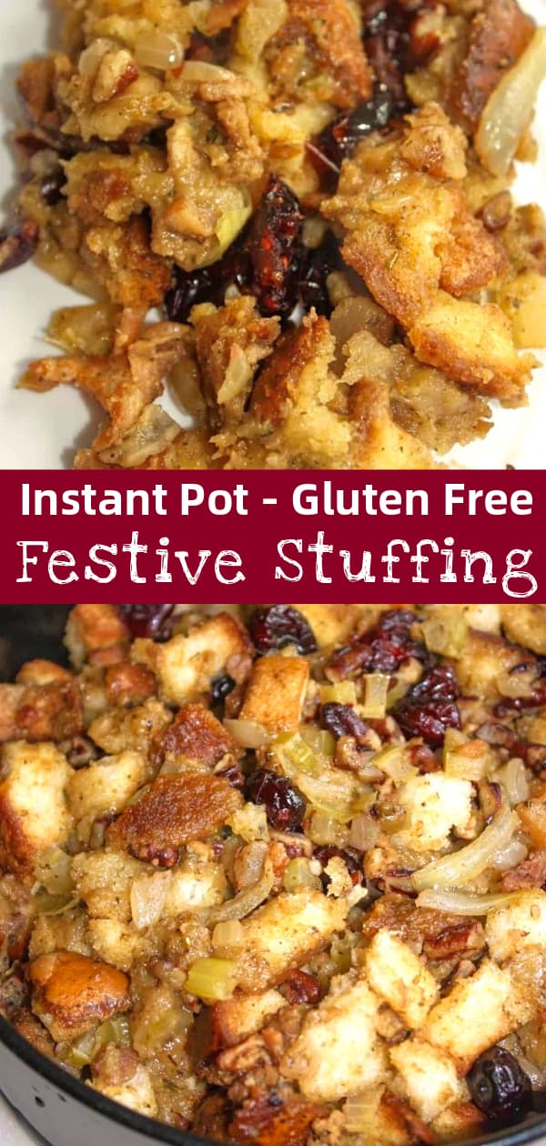 Instant Pot Festive Stuffing is a gluten free stuffing recipe perfect for Thanksgiving. This pressure cooker stuffing is made with gluten free bread and loaded with bacon bits, chopped pecans and dried cranberries.