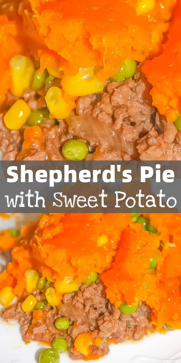 Shepherd's Pie with Sweet Potato is a hearty gluten free dinner recipe made with ground beef and loaded with corn and peas. This easy shepherd's pie is topped with mashed sweet potatoes.