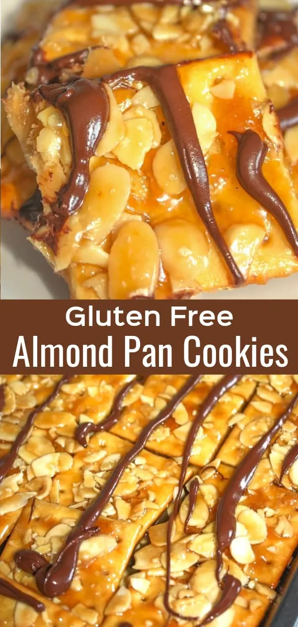 Gluten Free Almond Pan Cookies are an easy dessert recipe perfect for the holidays. These cracker toffee cookies are topped wtih sliced almonds and drizzled with chocolate.