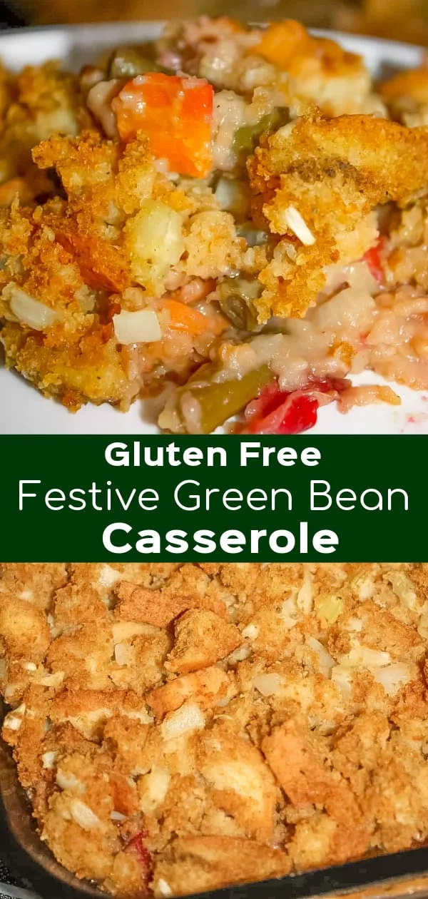 Festive Green Bean Casserole is a delicious gluten free side dish recipe perfect for the holidays. This gluten free green bean casserole is laoded with chopped veggies, cranberries and walnuts.