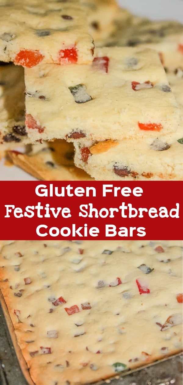 Gluten Free Festive Shortbread Cookie Bars are a tasty Christmas cookie recipe loaded with mini chocolate chips and chopped mixed fruit.
