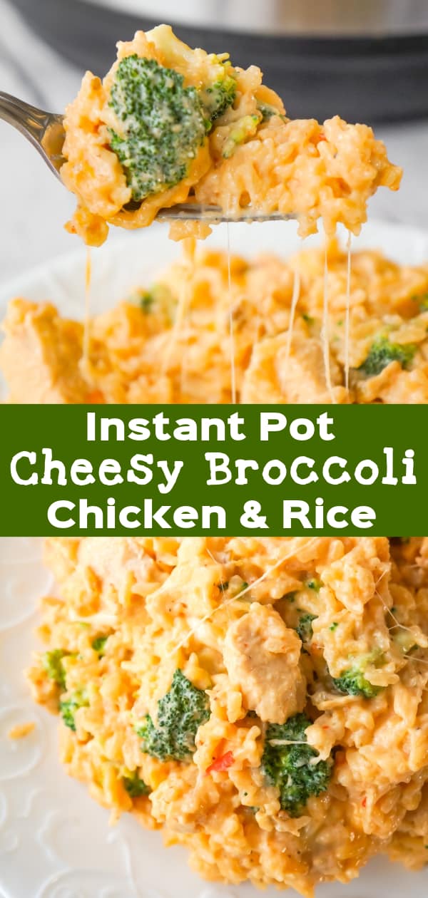 Instant Pot Cheesy Broccoli Chicken and Rice is an easy pressure cooker dinner recipe made with long grain rice and loaded with chunks of chicken breast, broccoli florets, salsa con queso, mozzarella, cheddar and Parmesan.