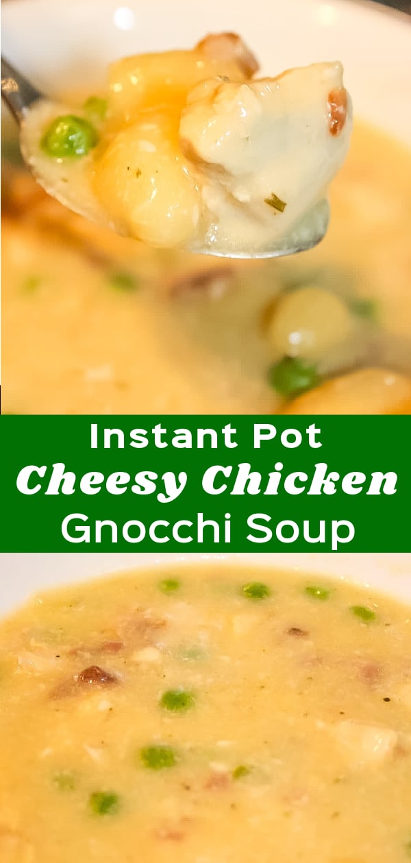 Instant Pot Cheesy Chicken Gnocchi Soup is an easy gluten free dinner recipe. This hearty soup is loaded with chicken breast chunks, gluten free gnocchi, crumbled bacon and mozzarella cheese.