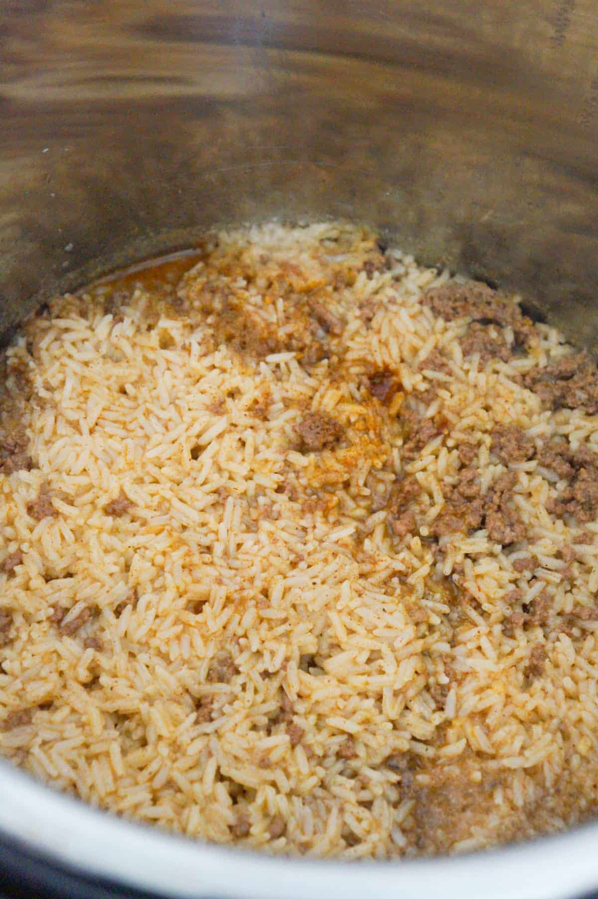 ground beef and rice in an Instant Pot after cooking