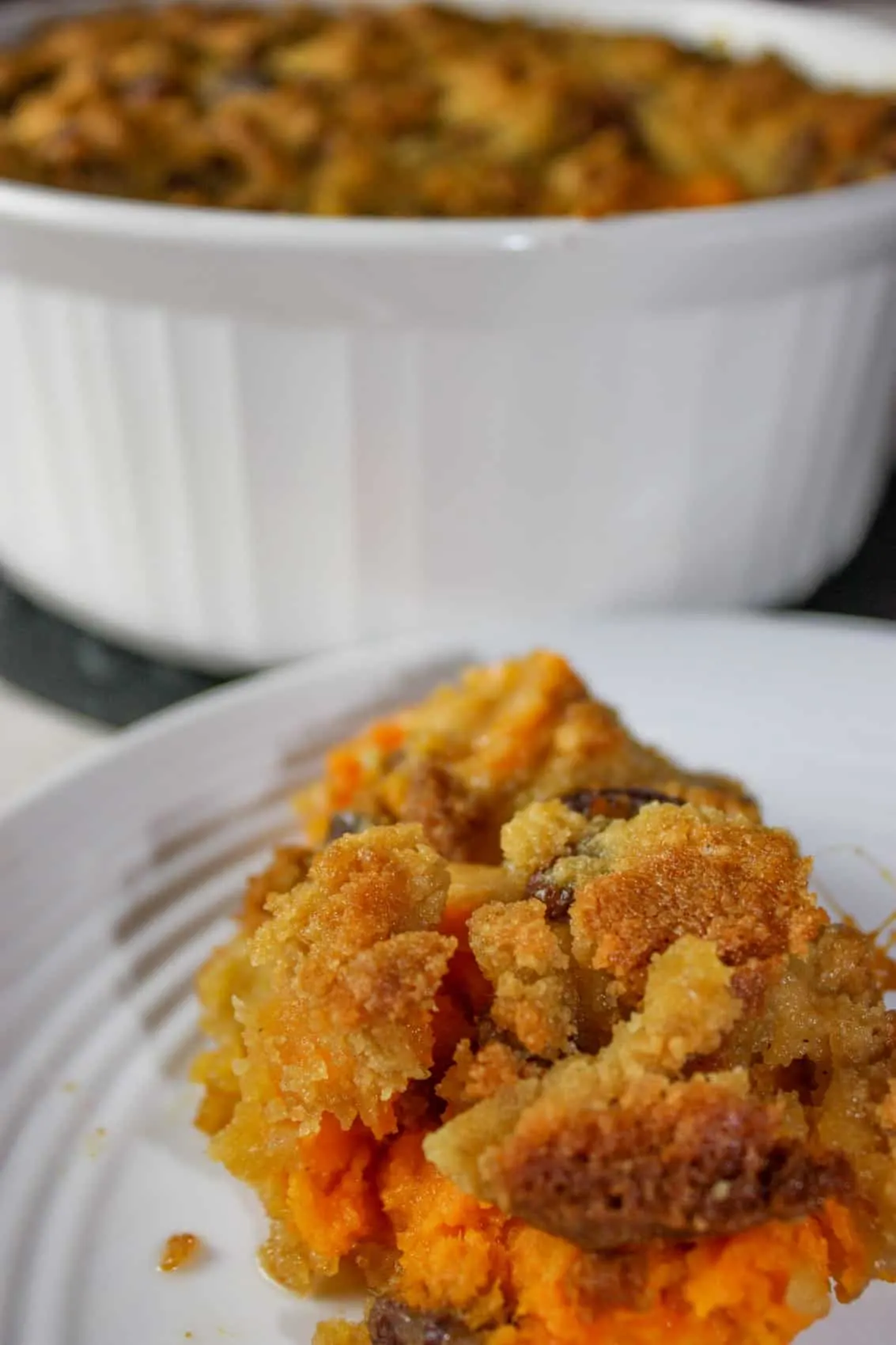 Sweet Potato is a versatile side dish.  This crumble version boosts the flavour with a crunchy topping loaded with brown sugar and pecans.  