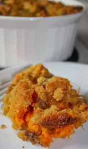 Sweet Potato is a versatile side dish.  This crumble version boosts the flavour with a crunchy topping loaded with brown sugar and pecans.