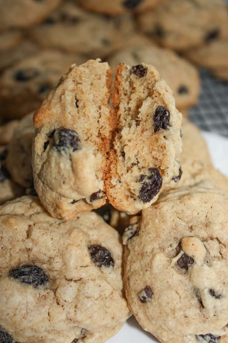 Jumbo Raisin Cookies are loaded with flavour and raisins.  This soft gluten free cookie, with hints of cinnamon and cloves, is a great snack on a cool day paired with hot chocolate or your favourite tea blend.