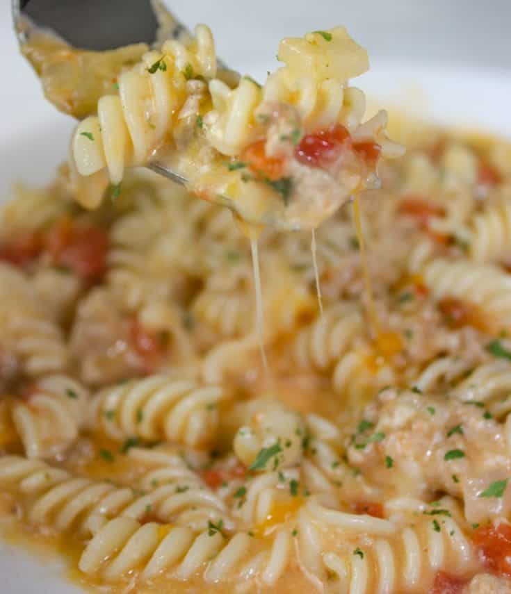 Instant Pot Cheesy Pasta and Turkey is an easy and delicious one pot pasta dish smothered in a creamy cheese sauce. 